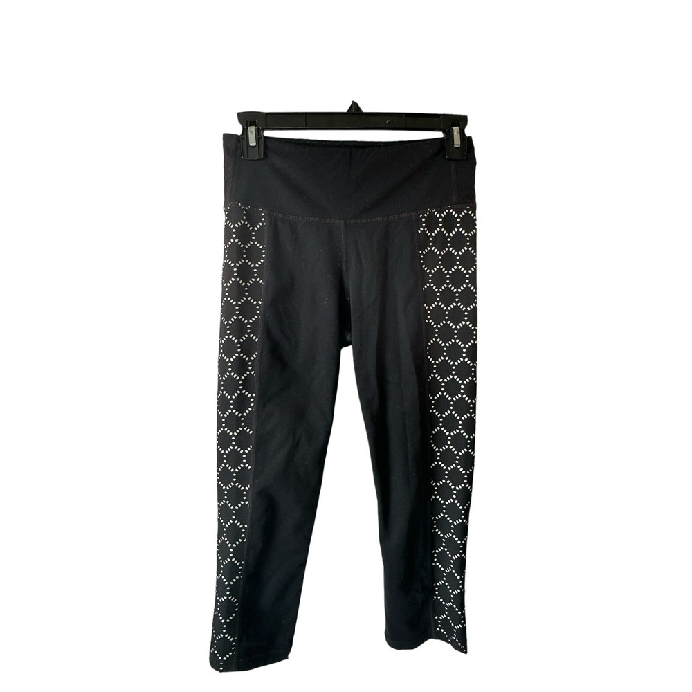 Athleta Womans Capri Leggings Size Small Black With White Design Down Legs